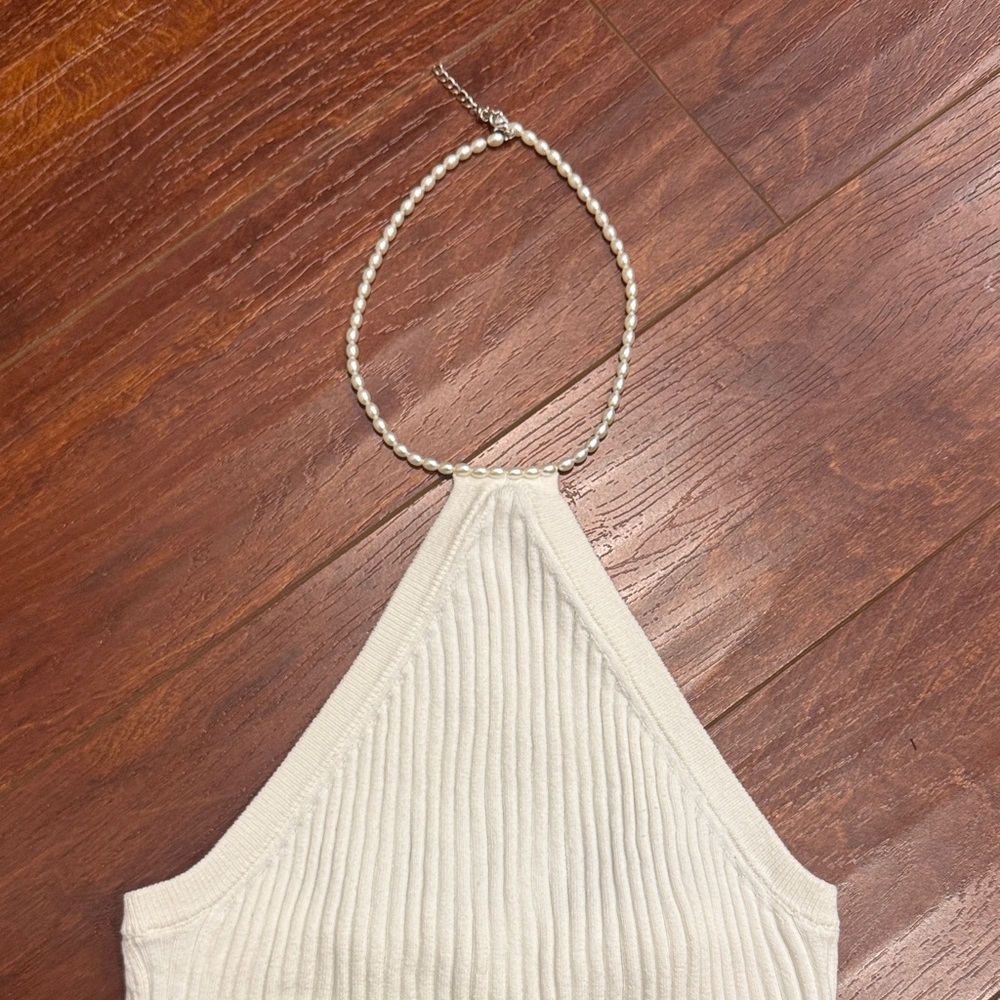 Cream Ribbed Pearl Halter Top - Picture 2 of 5